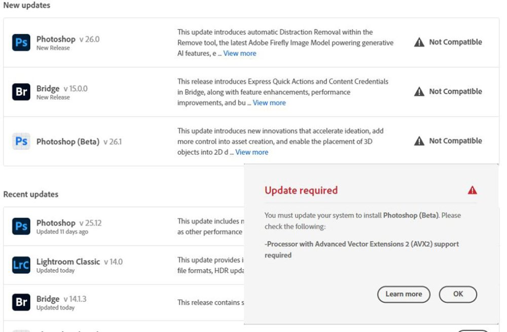 Adobe update screen showing their products no longer compatible with old hardware.