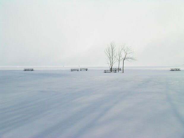 pick nick tables on a frozen snowy expanse